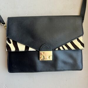 Loeffler Randall Black Leather w/ Animal Print Accent Envelope Crossbody Handbag